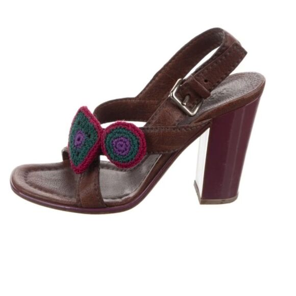 🔅 PRADA Classic VTG Leather Slingback Sandals Brown & Pink Crochet Accents🔅 - Picture 10 of 17